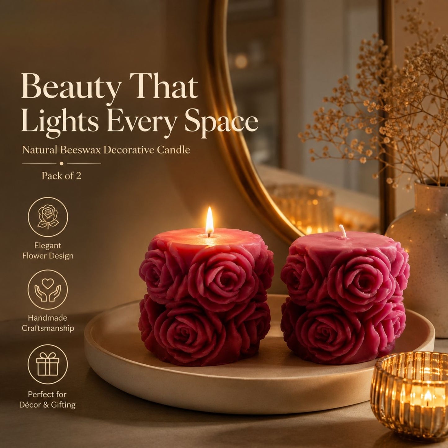 Beeready Harvesters Beeswax Big Round Flower Shape Aromatic Designer Candle | Natural Honey Aroma | Long Lasting Decorative Candle | Pack of 2