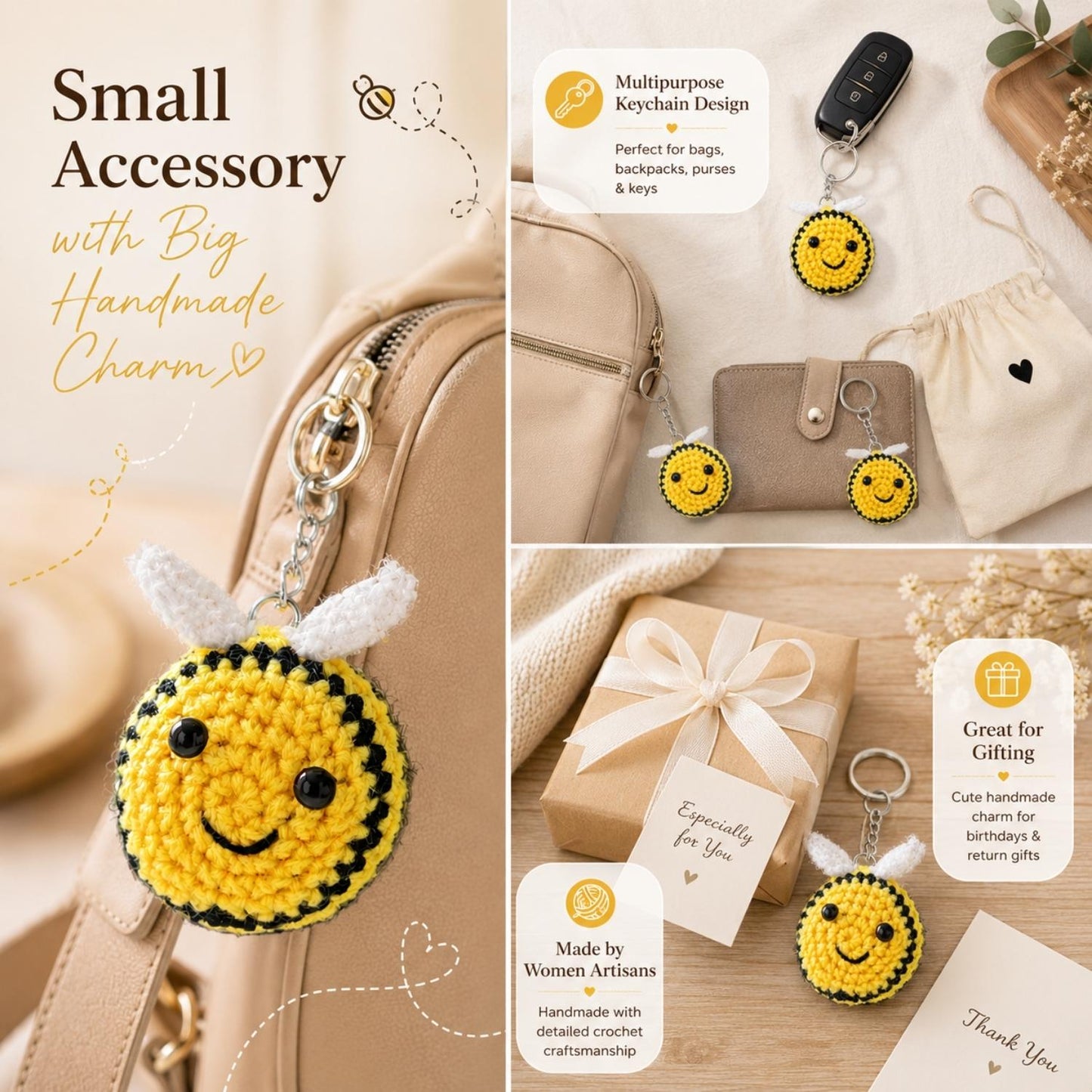 Bee Keychain Handmade | Cute Bag & Key Charm by Women Artisans