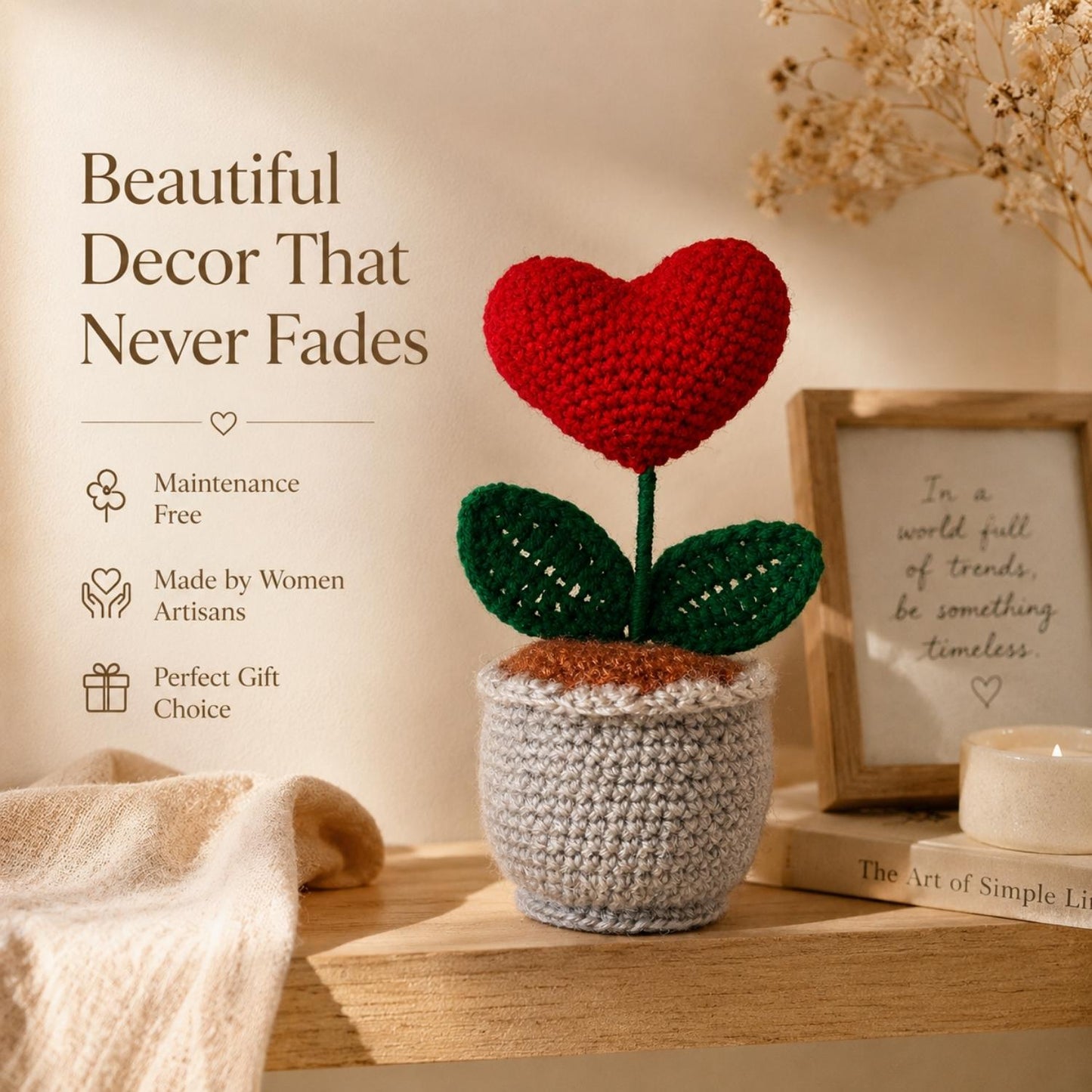 Handmade Crochet Heart Flower Pot for Home & Office Decor | Cute Heart Desk Decoration | Premium Handcrafted Gift by Women Artisans