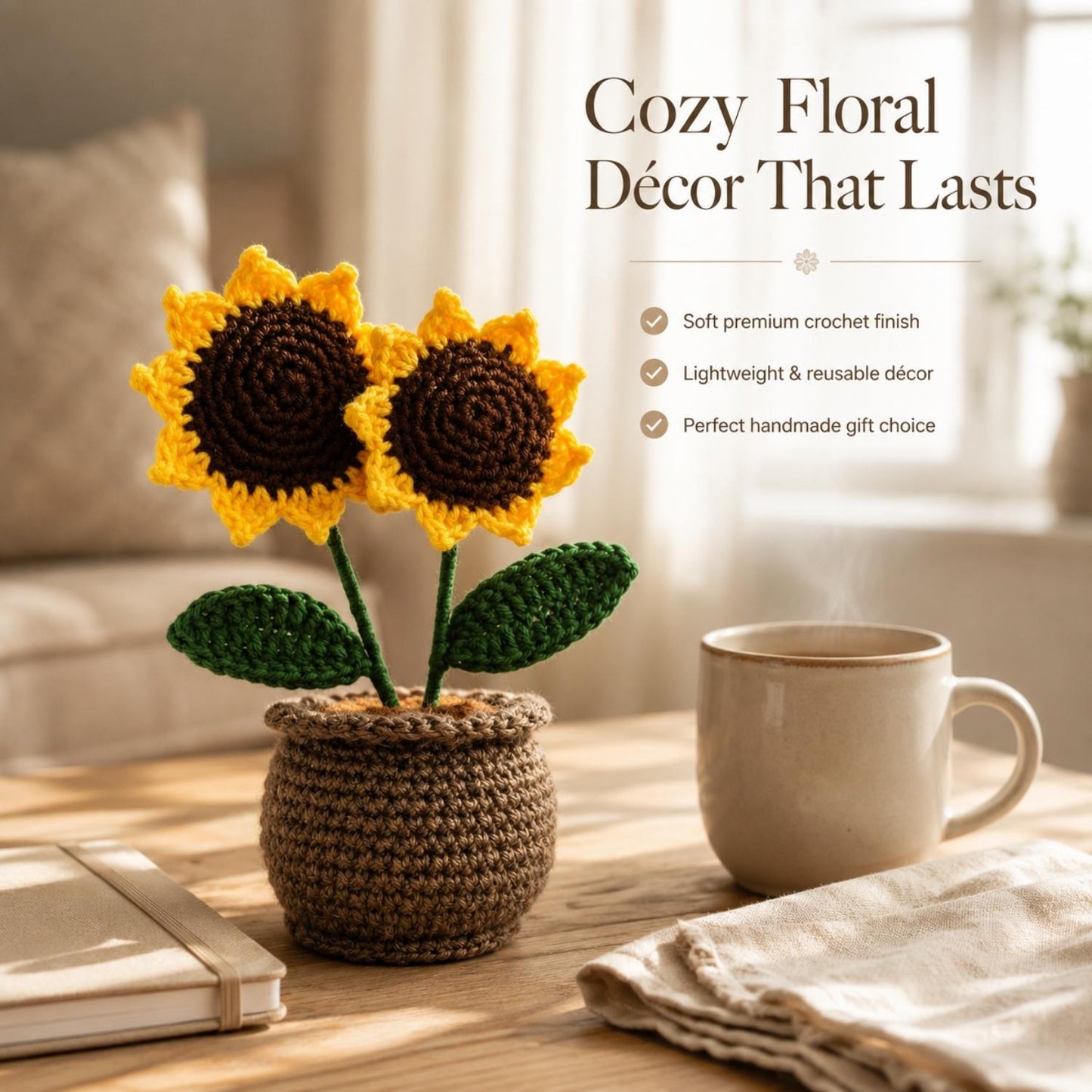 Handmade Double Sunflower Pot – Crochet Flower Décor | Soft Knitted Table Showpiece | Decorative Indoor Pot for Home & Office