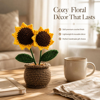 Handmade Double Sunflower Pot – Crochet Flower Décor | Soft Knitted Table Showpiece | Decorative Indoor Pot for Home & Office