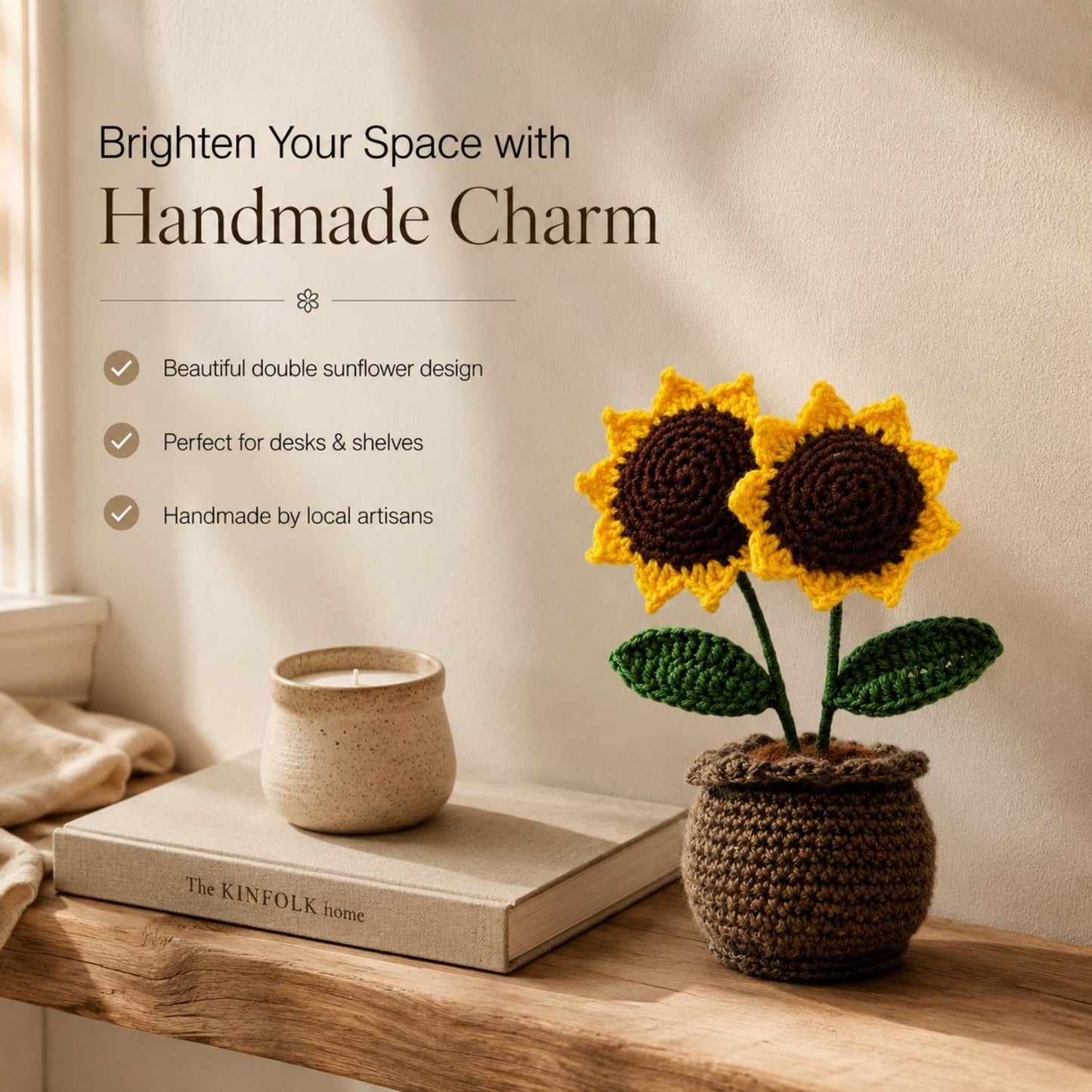 Handmade Double Sunflower Pot – Crochet Flower Décor | Soft Knitted Table Showpiece | Decorative Indoor Pot for Home & Office
