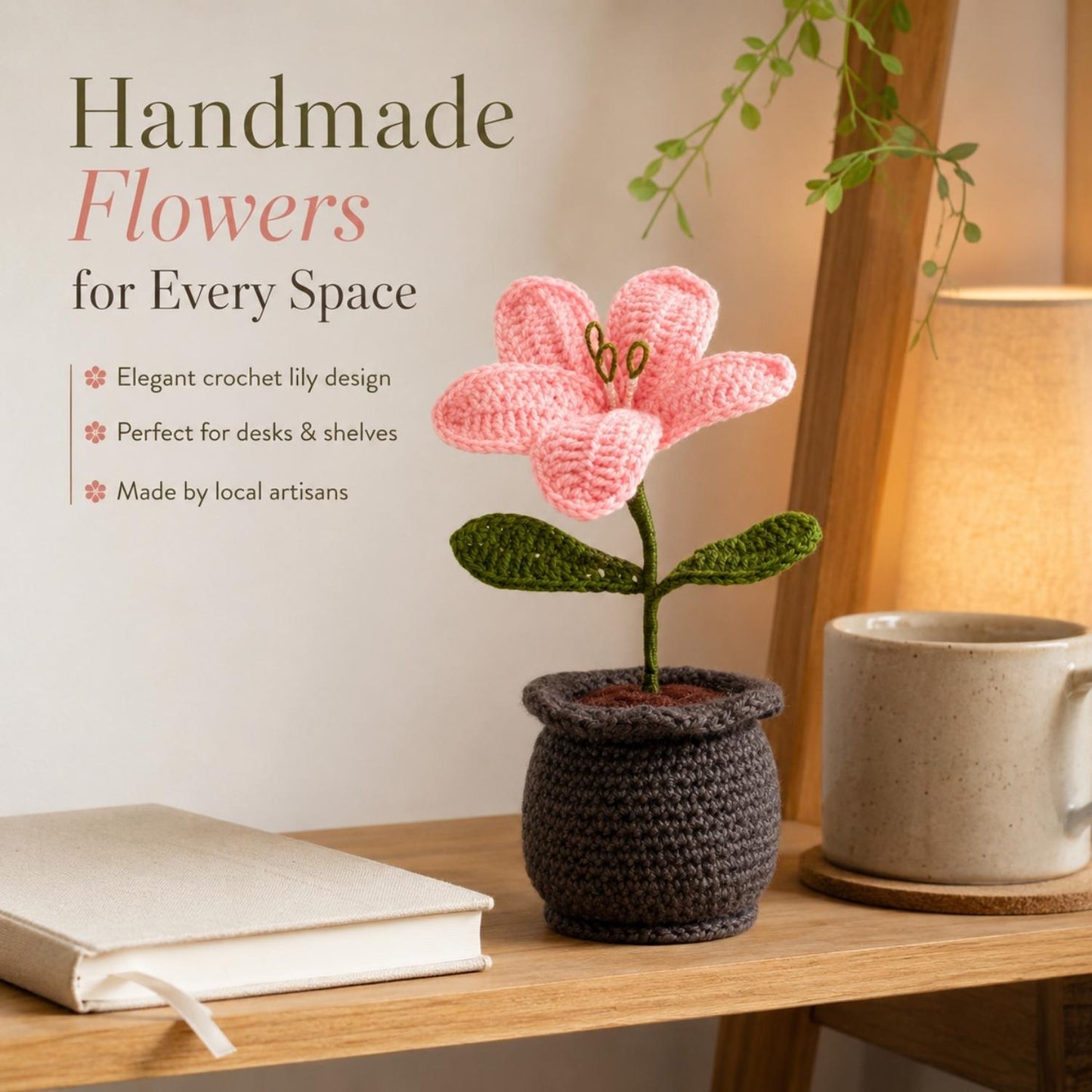 Handmade Crochet Lily Flower Pot for Home & Office Decor | Soft Knitted Floral Pot Showpiece | Reusable Handmade Table Decoration