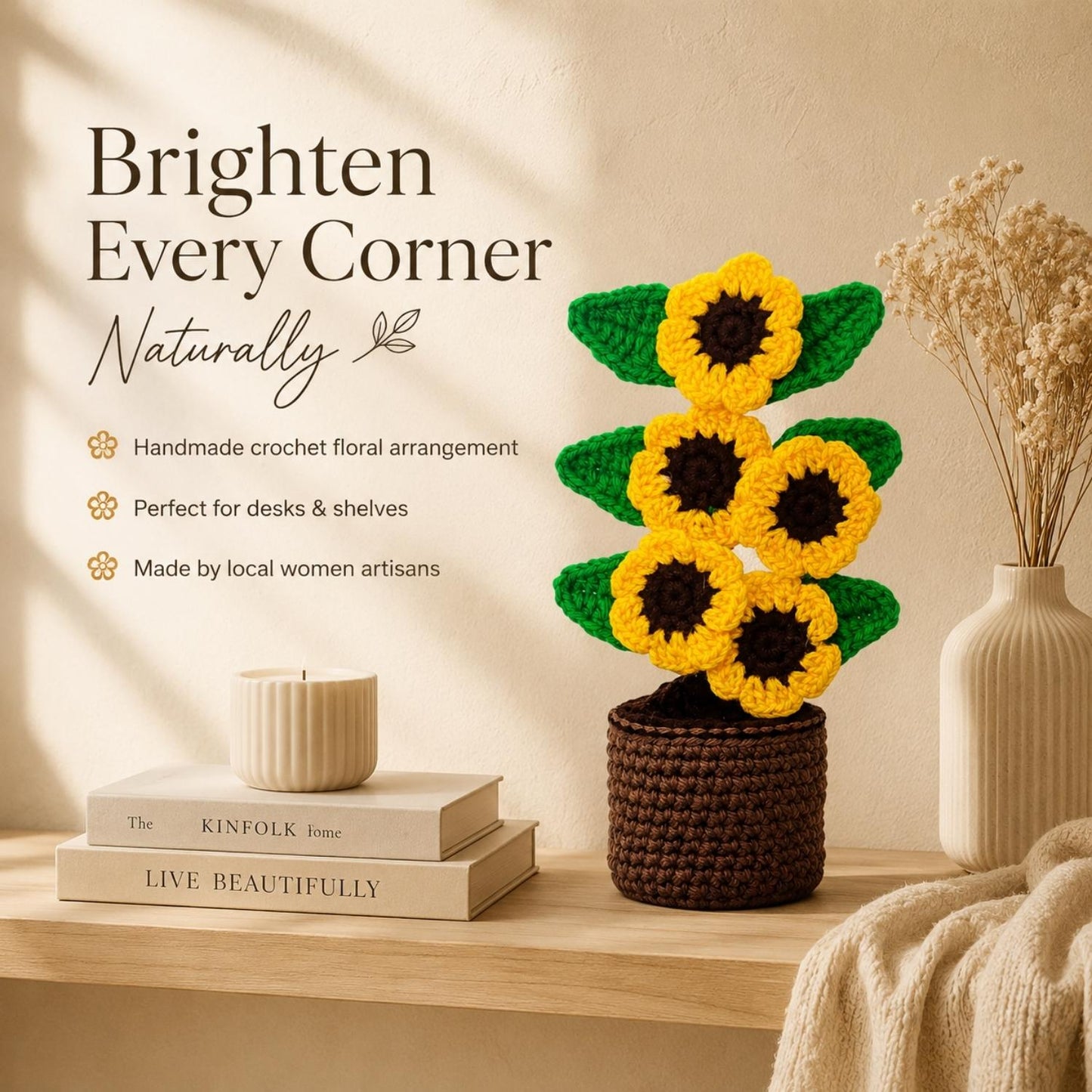 Handmade Multiflora Pot Décor – Crochet Flower Arrangement | Handmade by Local Women | Decorative Indoor Flower Pot