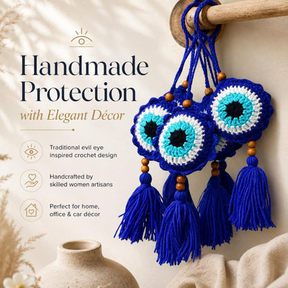 Handmade Crochet Evil Eye Hanging for Home & Car Décor | Traditional Nazar Protection Hanging | Made by Local Women
