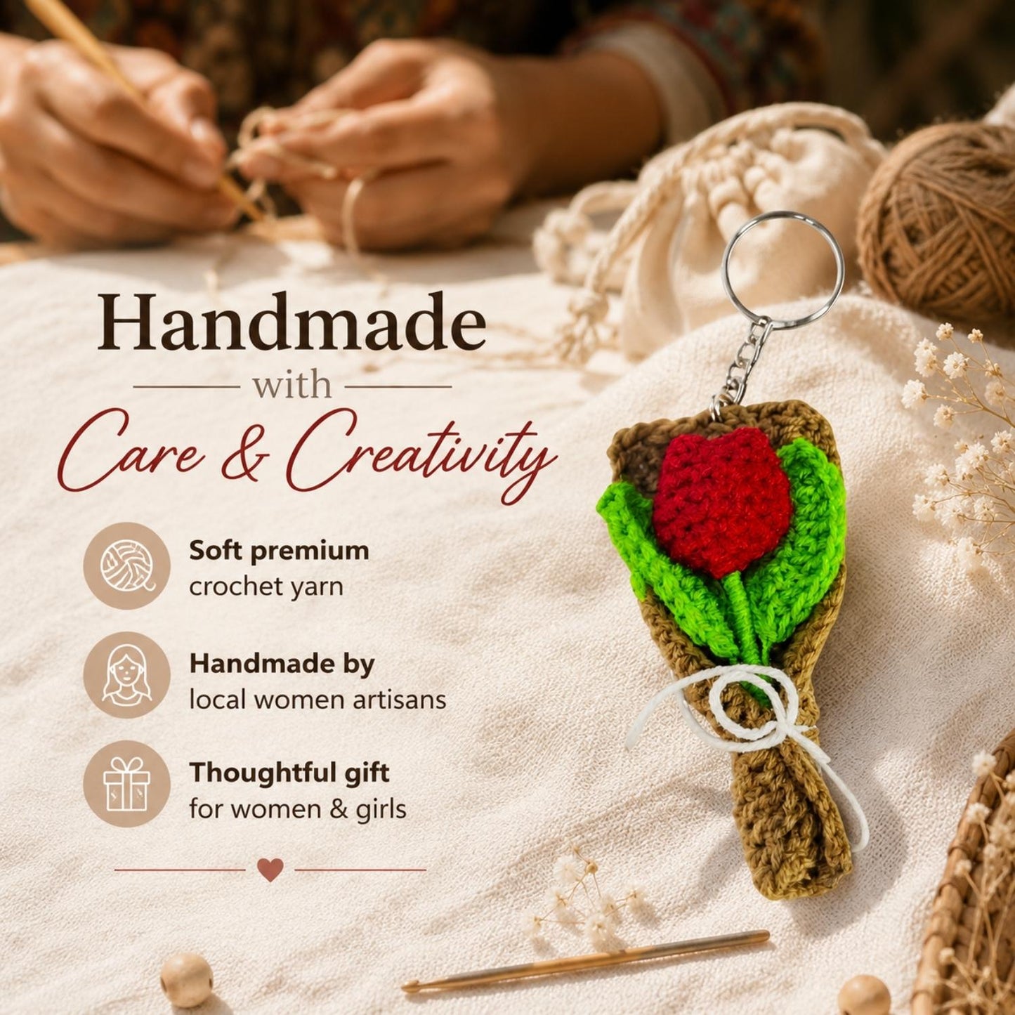 Handmade Crochet Flower Bouquet Keychain for Bags & Keys Lightweight Handmade Gift for Women & Girls