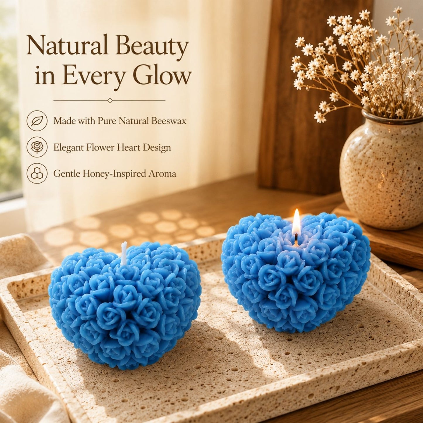 Beeready Designer Beeswax Flower Heart Shaped Scented Candle | Handcrafted Aromatic Decorative Candle for Home Décor & Hotel | Pack of 2