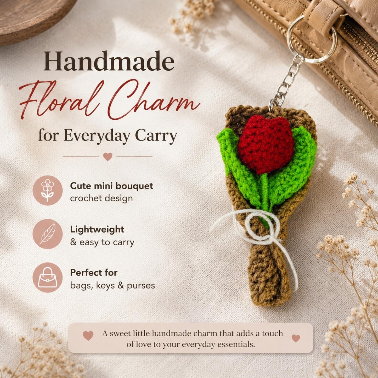 Handmade Crochet Flower Bouquet Keychain for Bags & Keys Lightweight Handmade Gift for Women & Girls