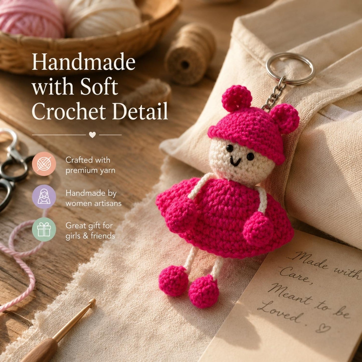 Handmade Crochet Doll Keychain for Bags & Keys | Soft Knitted Hanging Charm with Colorful Dress