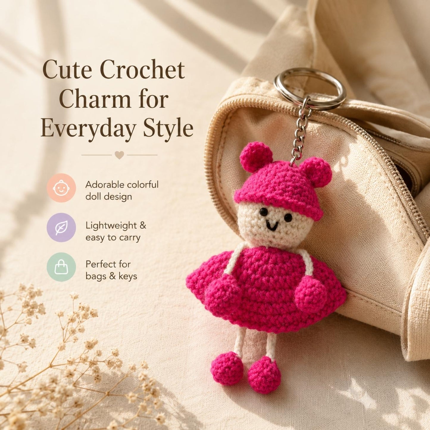 Handmade Crochet Doll Keychain for Bags & Keys | Soft Knitted Hanging Charm with Colorful Dress