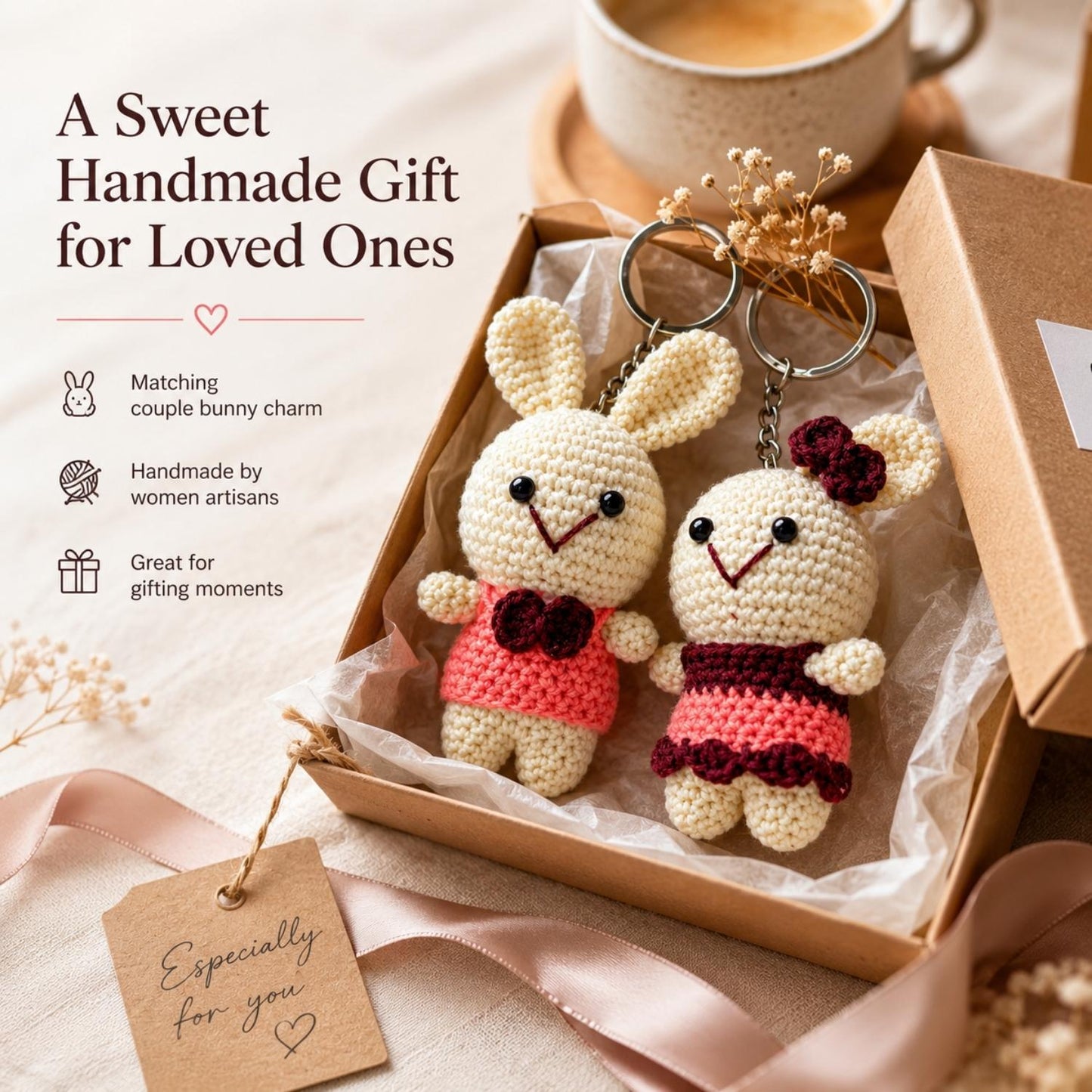 Handmade Crochet Couple Rabbit Keychain for Bags & Keys | Cute Bunny Pair Hanging Charm