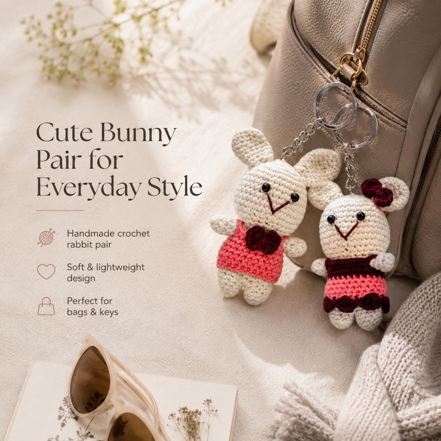 Handmade Crochet Couple Rabbit Keychain for Bags & Keys | Cute Bunny Pair Hanging Charm