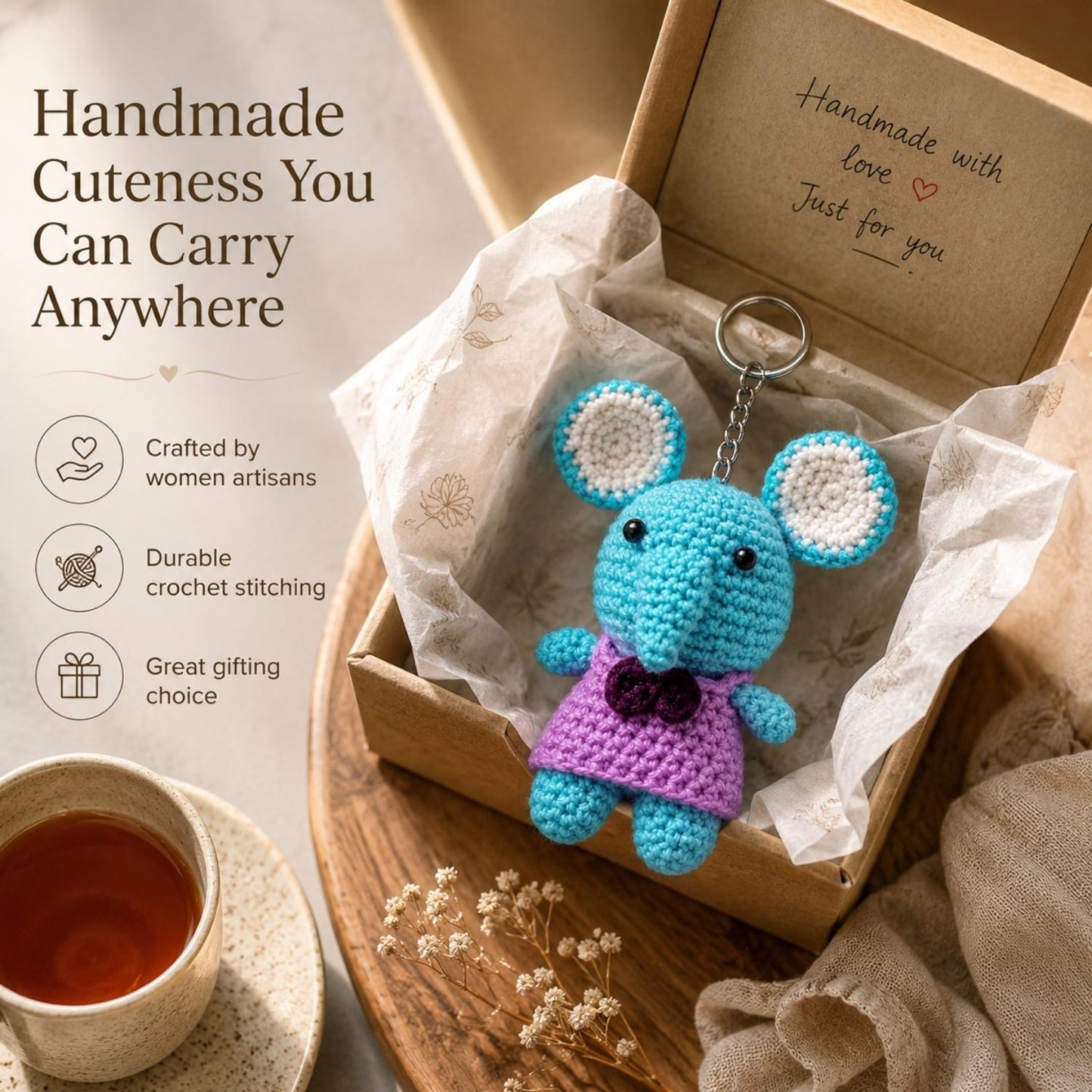 Handmade Crochet Elephant Keychain for Bags & Backpacks | Soft Knitted Animal Keyring