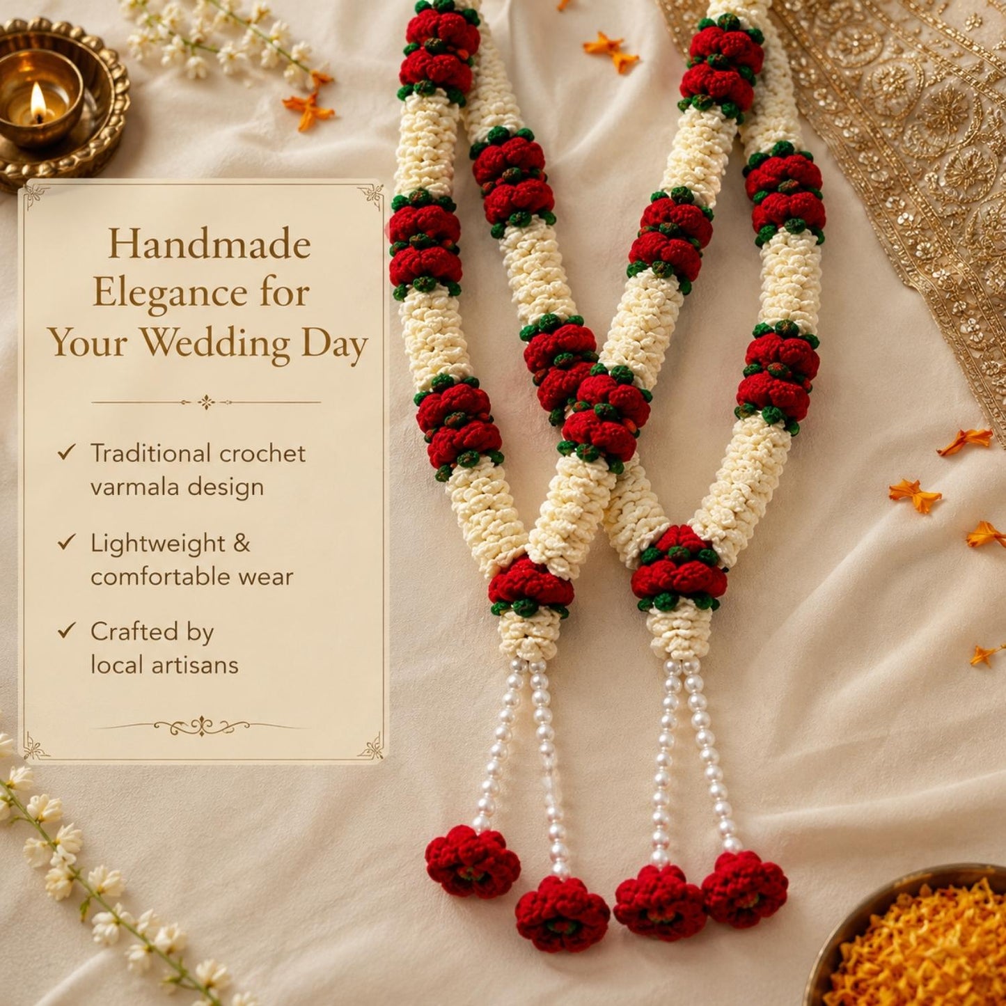Handmade Crochet Wedding Varmala Pair for Bride & Groom | Traditional Indian Jai Mala | Made by Local Women