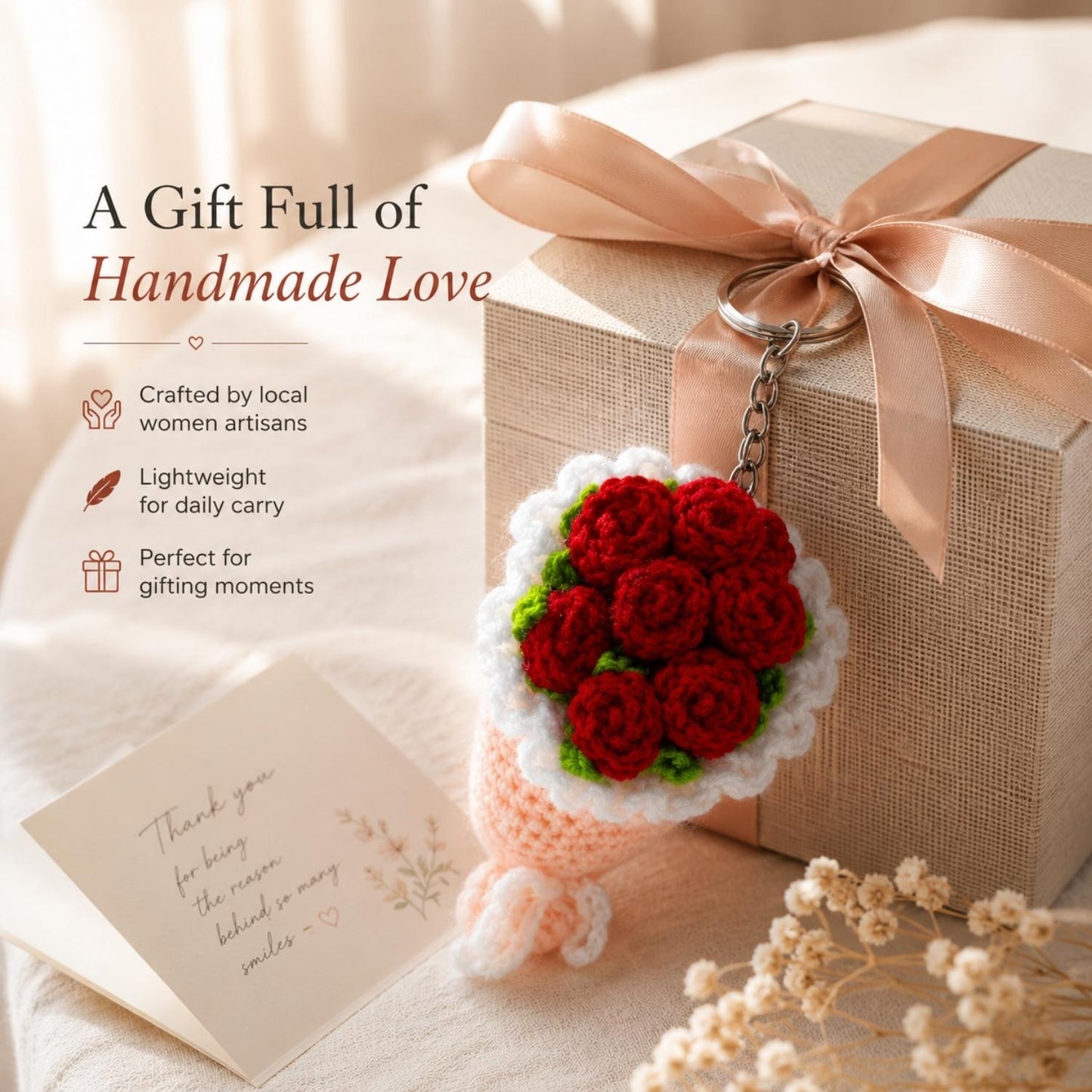 Handmade Crochet Flower Bouquet Keychain Mini Rose Key Ring for Bags & Gifts