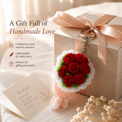 Handmade Crochet Flower Bouquet Keychain Mini Rose Key Ring for Bags & Gifts