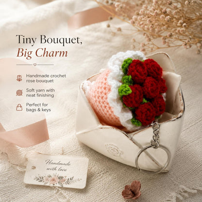 Handmade Crochet Flower Bouquet Keychain Mini Rose Key Ring for Bags & Gifts