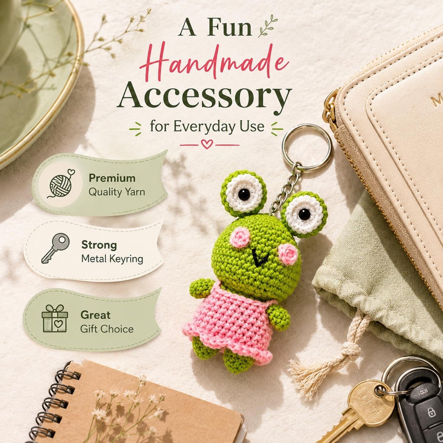 Handmade Crochet Small Frog Doll Keychain for Bags & Keys | Handmade Keyring