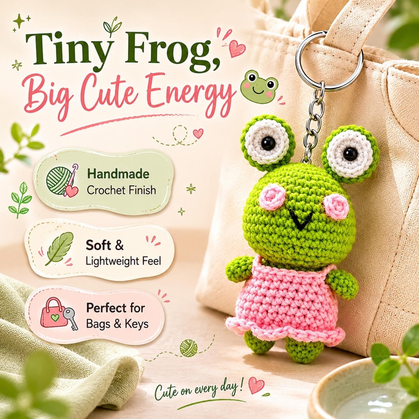 Handmade Crochet Small Frog Doll Keychain for Bags & Keys | Handmade Keyring
