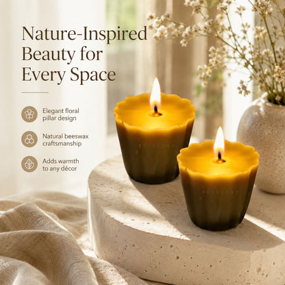 Beeready Harvesters Bloom Pillar Beeswax Candle | Artistic Floral Scented Candle for Cozy Décor & Romantic Spaces | Pack of 2