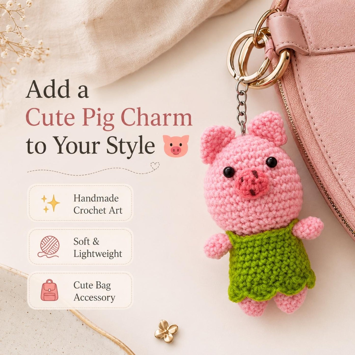 Cute Crochet Pig Keychain for Bags & Keys | Handmade Animal Keyring