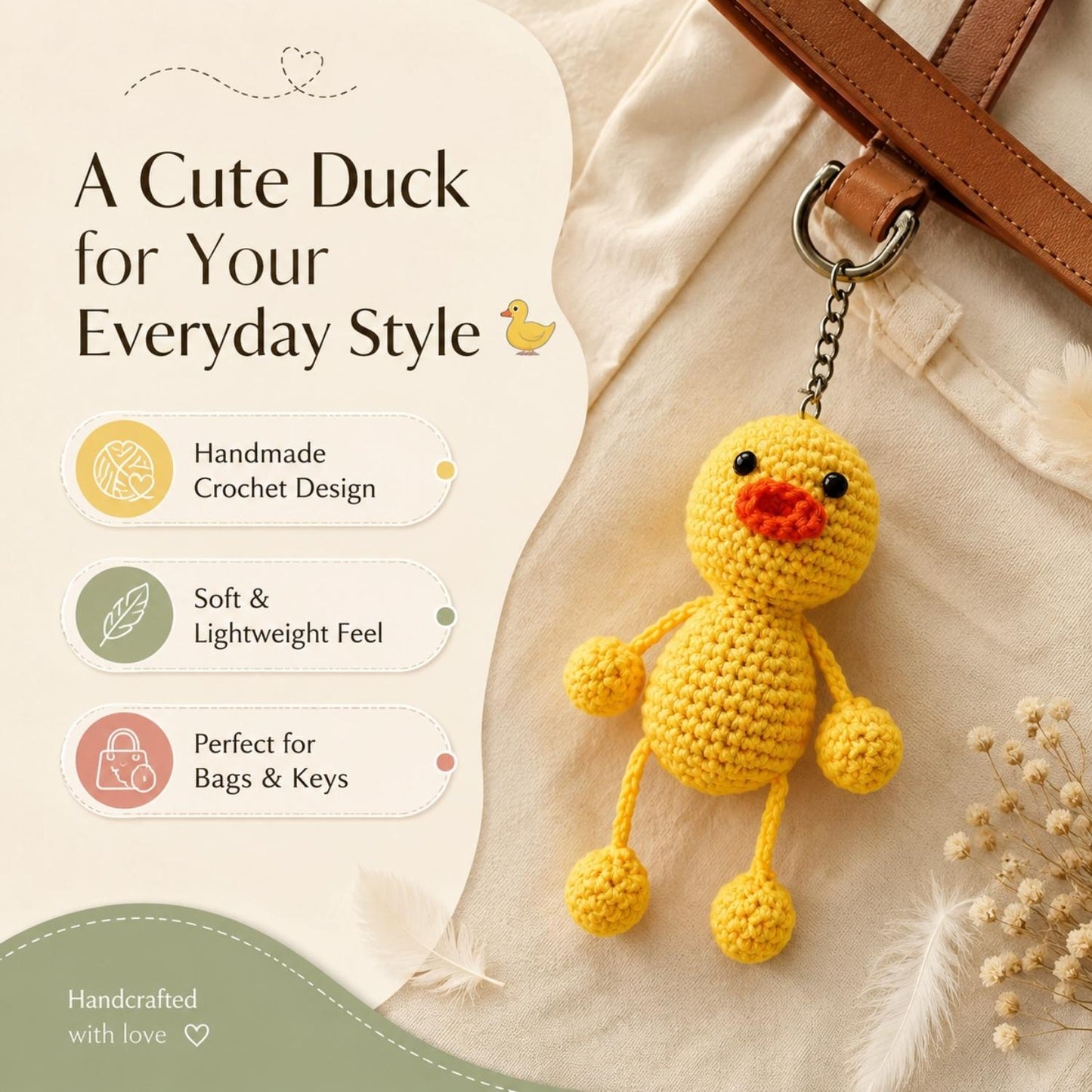 Cute Duck Crochet Keychain for Bags & Keys | Handmade Duck Keyring