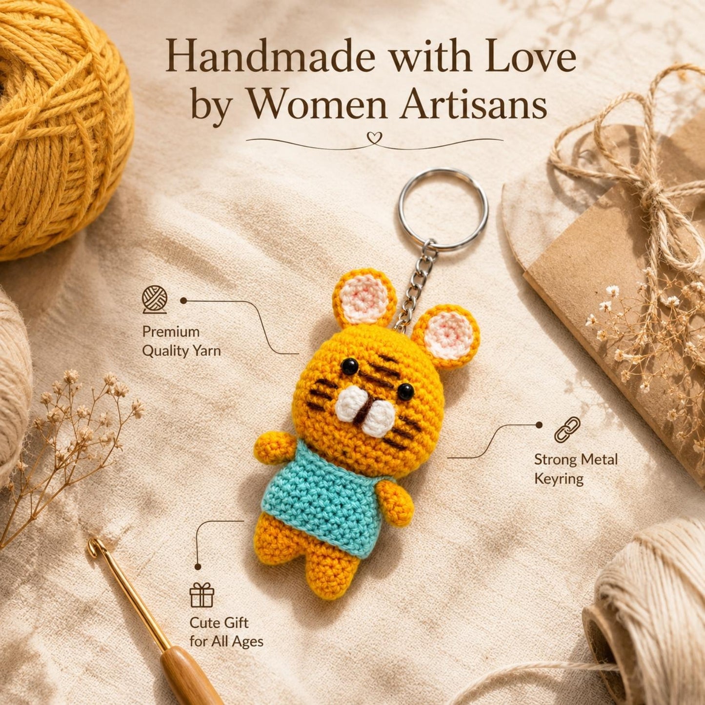 Tiger Crochet Keychain for Bags & Keys | Handmade Animal Keyring