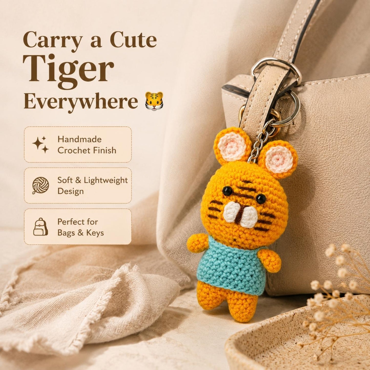 Tiger Crochet Keychain for Bags & Keys | Handmade Animal Keyring