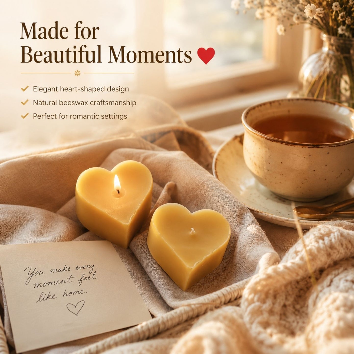 Beeready Harvesters LoveGlow Beeswax Candle Set | Romantic Heart Shape Aroma Candles for Elegant Décor | Pack of 2