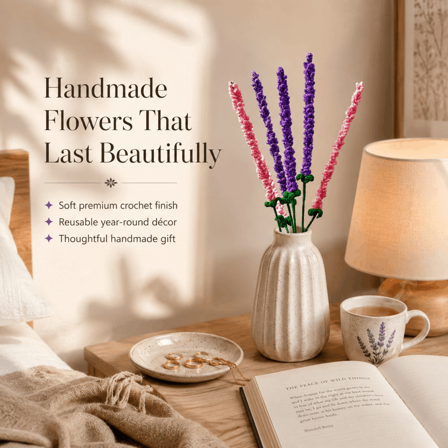 Handmade Crochet Lavender Stick for Home Décor & Gifting | Floral Decorative Stick | Soft Finish | Made by Local Women