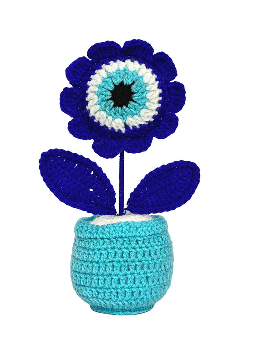 Handmade Crochet Evil Eye Flower Pot for Home & Office Decor | Evil Eye Desk Decoration | Premium Handcrafted Gift by Women Artisans