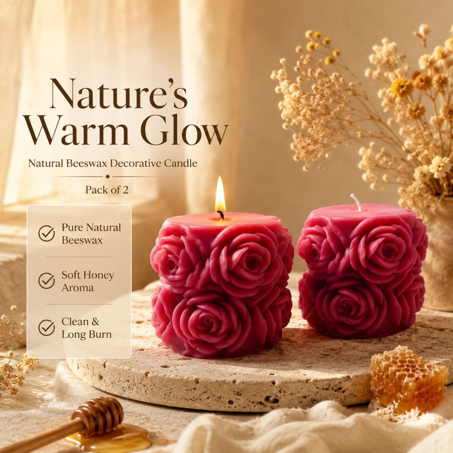 Beeready Harvesters Beeswax Big Round Flower Shape Aromatic Designer Candle | Natural Honey Aroma | Long Lasting Decorative Candle | Pack of 2