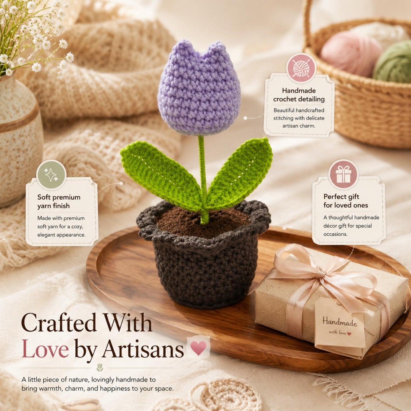 Tulip Pot Handmade Crochet Tulip Flower Pot | Aesthetic Desk Decor