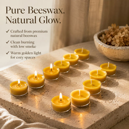 Beeready Harvesters Golden Glow Beeswax Tea Light Candles | Handcrafted Aromatic Tea Candles for Home Décor & Festive Ambience | Pack of 12