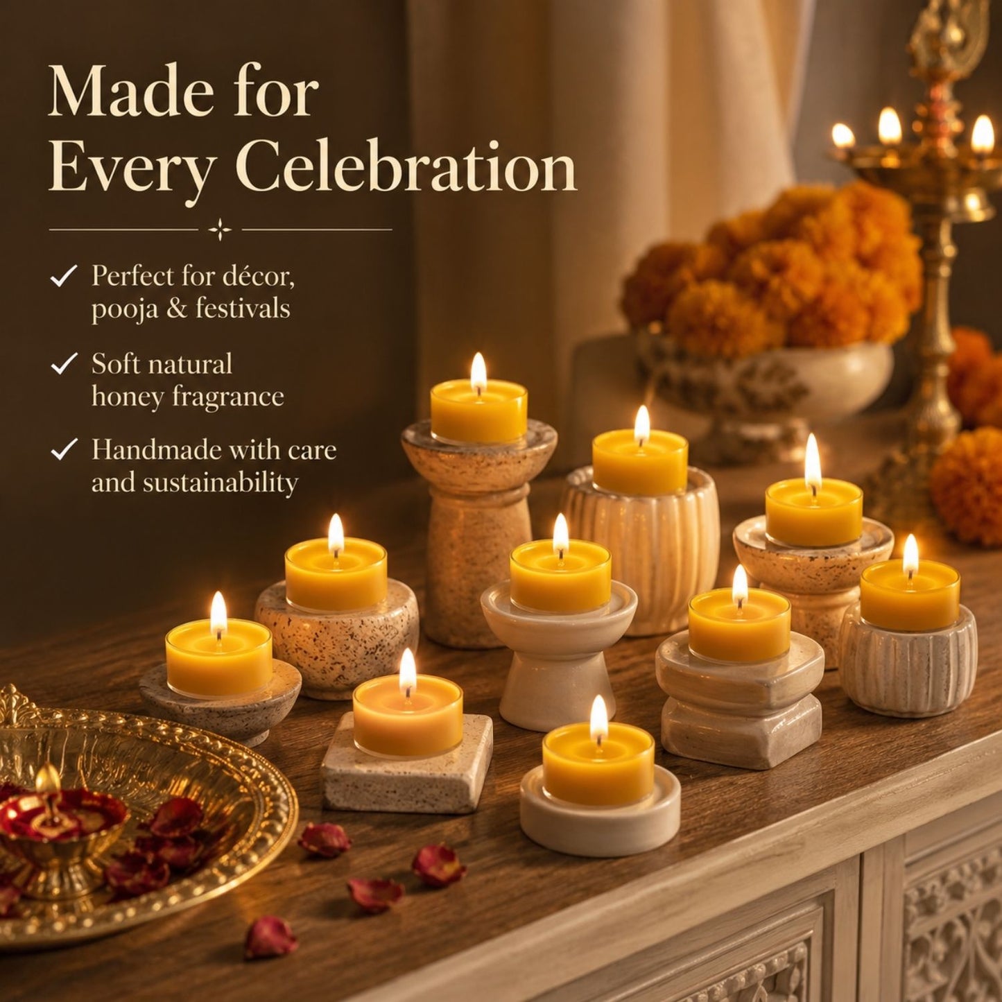 Beeready Harvesters Golden Glow Beeswax Tea Light Candles | Handcrafted Aromatic Tea Candles for Home Décor & Festive Ambience | Pack of 12