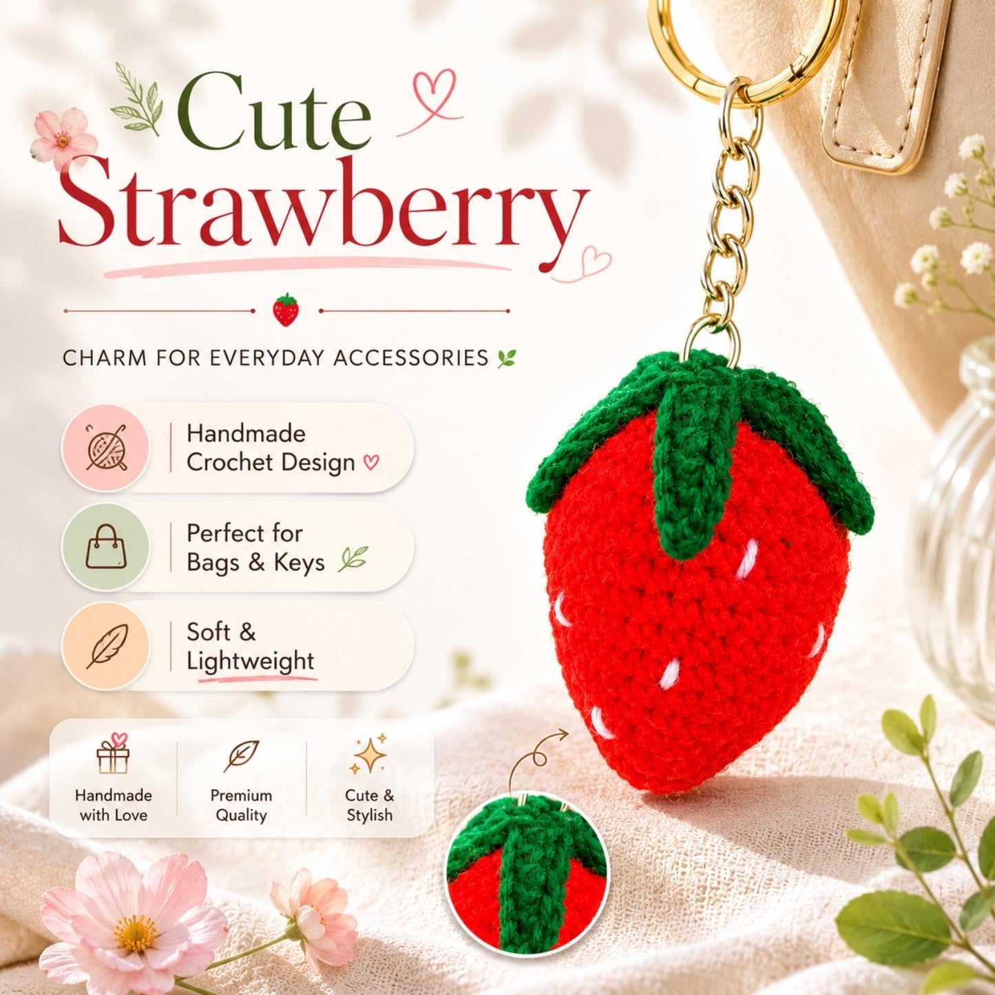 Strawberry Keychain Handmade Crochet | Cute Bag & Key Charm