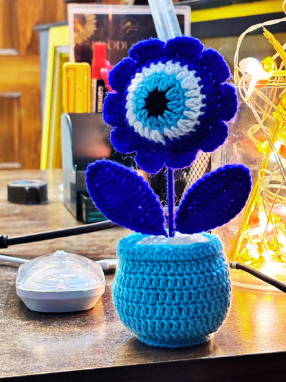 Handmade Crochet Evil Eye Flower Pot for Home & Office Decor | Evil Eye Desk Decoration | Premium Handcrafted Gift by Women Artisans