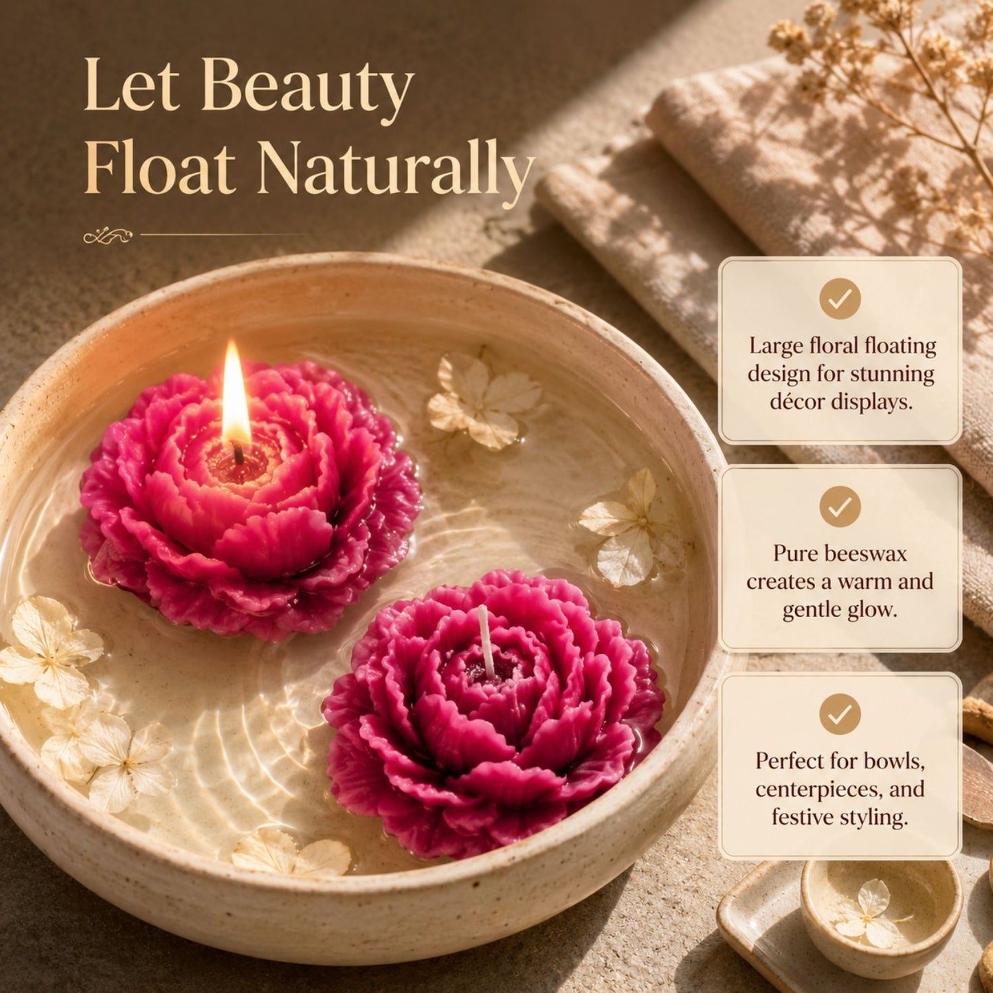 Beeready Harvesters Lotus Drift Floating Beeswax Candle | Large Floral Decorative Candle for Bowls, Home Styling & Festive Décor | Pack of 2