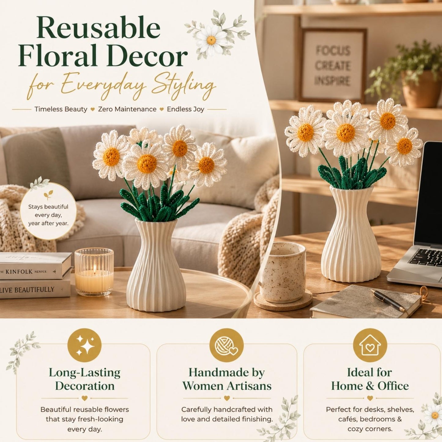 Handmade Crochet Daisy Flower Sticks for Home Decor |  Reusable Floral Decoration for Vase Display