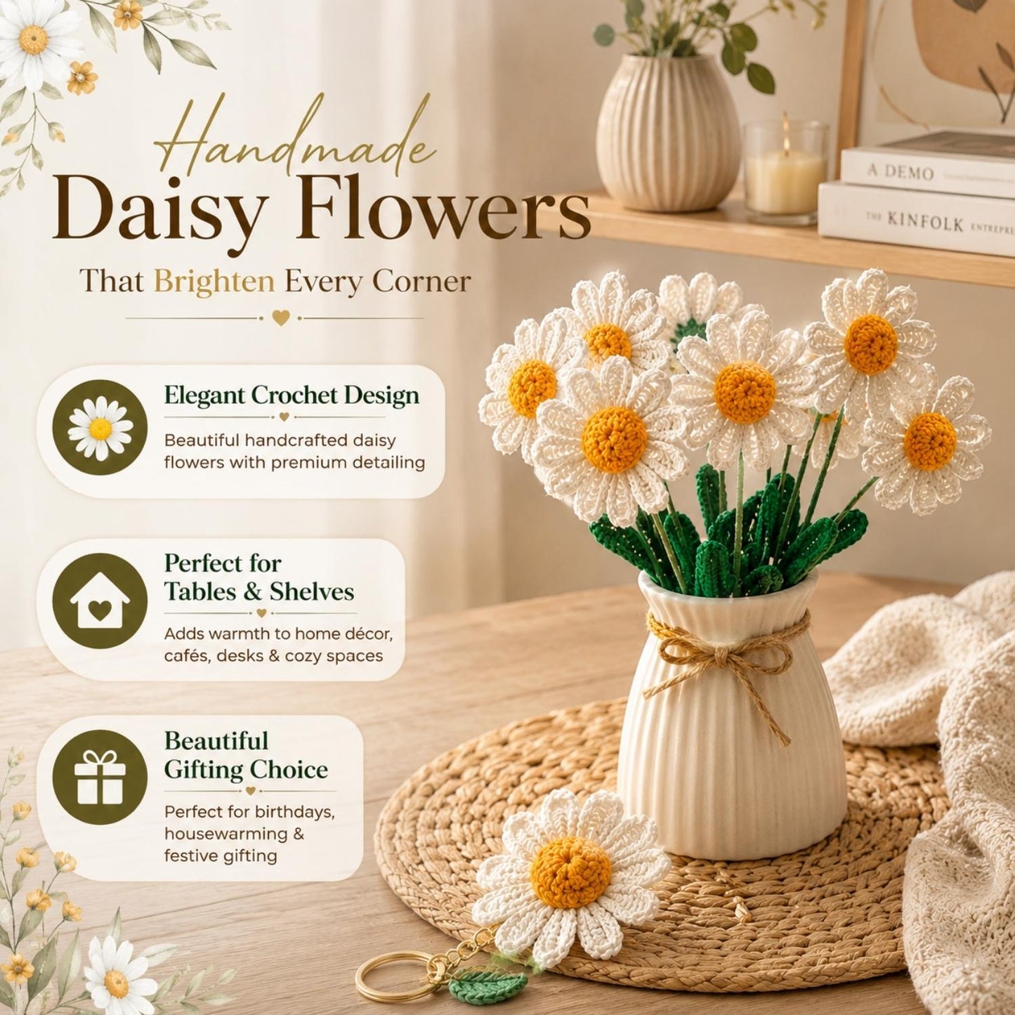 Handmade Crochet Daisy Flower Sticks for Home Decor |  Reusable Floral Decoration for Vase Display