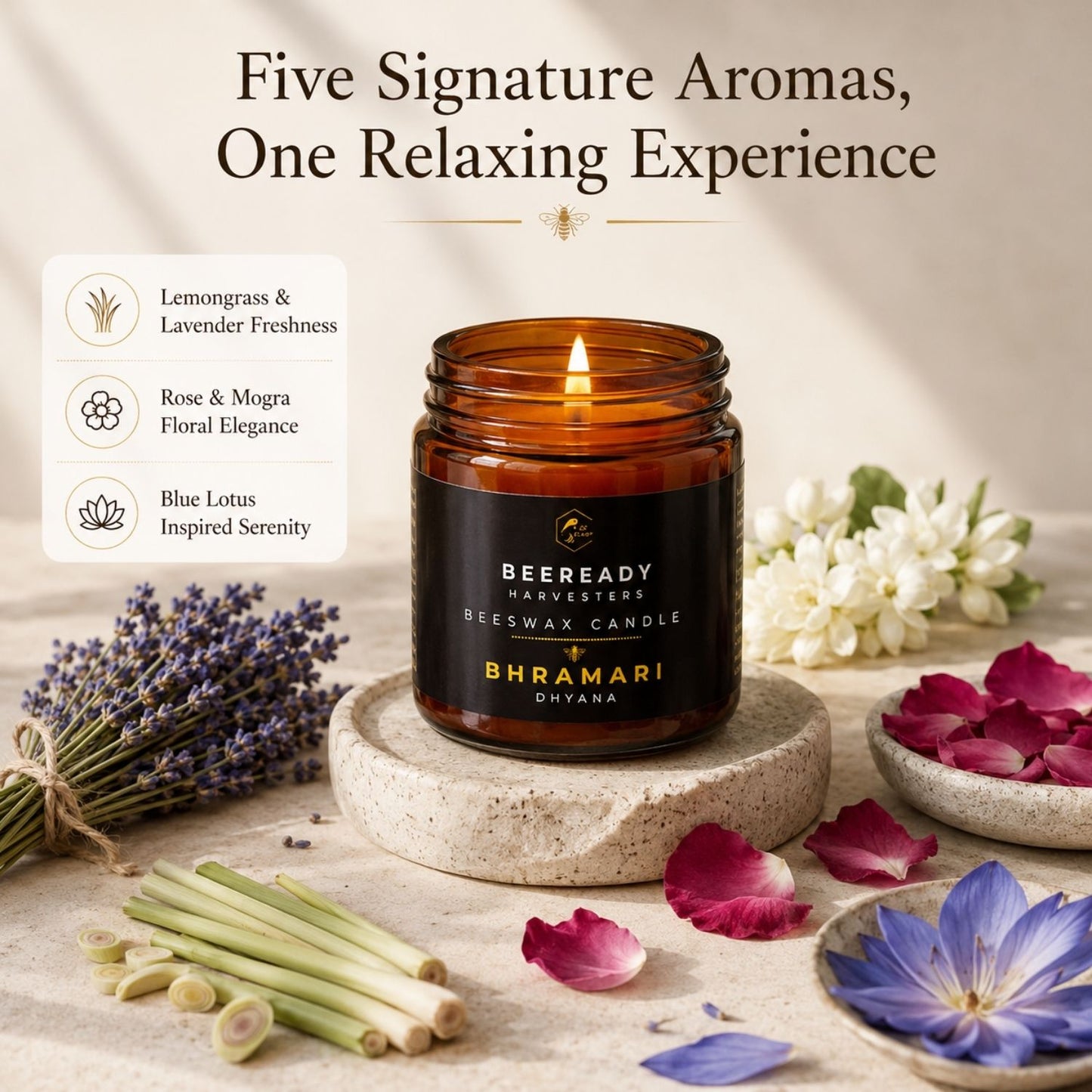 Beeready Harvesters Himalayan Aroma Luxe Jar Candle | 30 Hours Pure Beeswax Fragrance Candle with Lemongrass, Lavender, Rose, Mogra & Blue Lotus