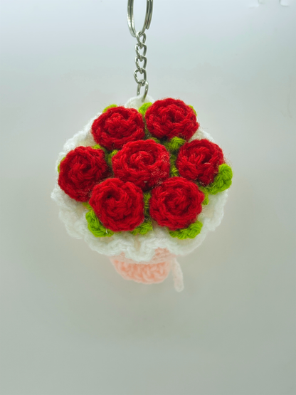 Handmade Crochet Flower Bouquet Keychain Mini Rose Key Ring for Bags & Gifts