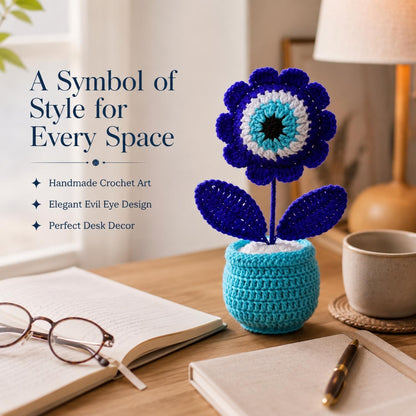Handmade Crochet Evil Eye Flower Pot for Home & Office Decor | Evil Eye Desk Decoration | Premium Handcrafted Gift by Women Artisans