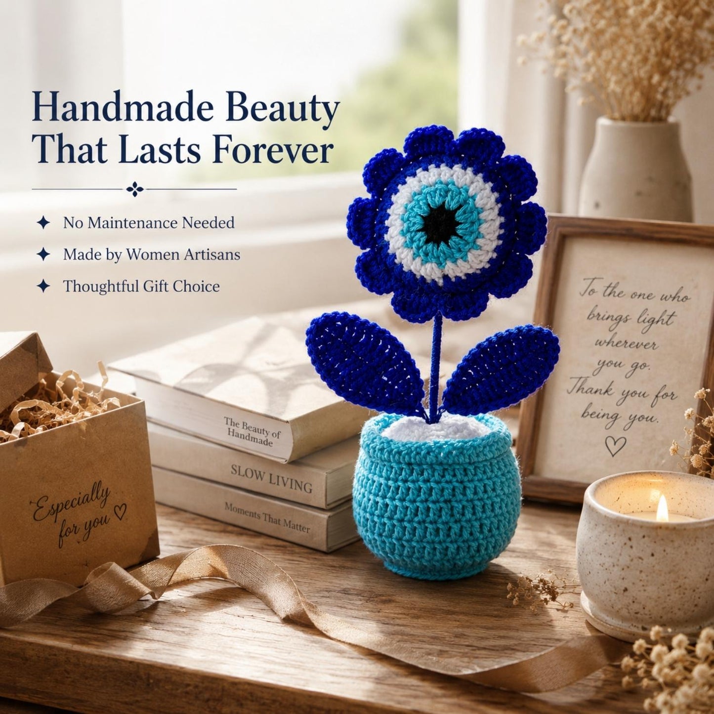 Handmade Crochet Evil Eye Flower Pot for Home & Office Decor | Evil Eye Desk Decoration | Premium Handcrafted Gift by Women Artisans