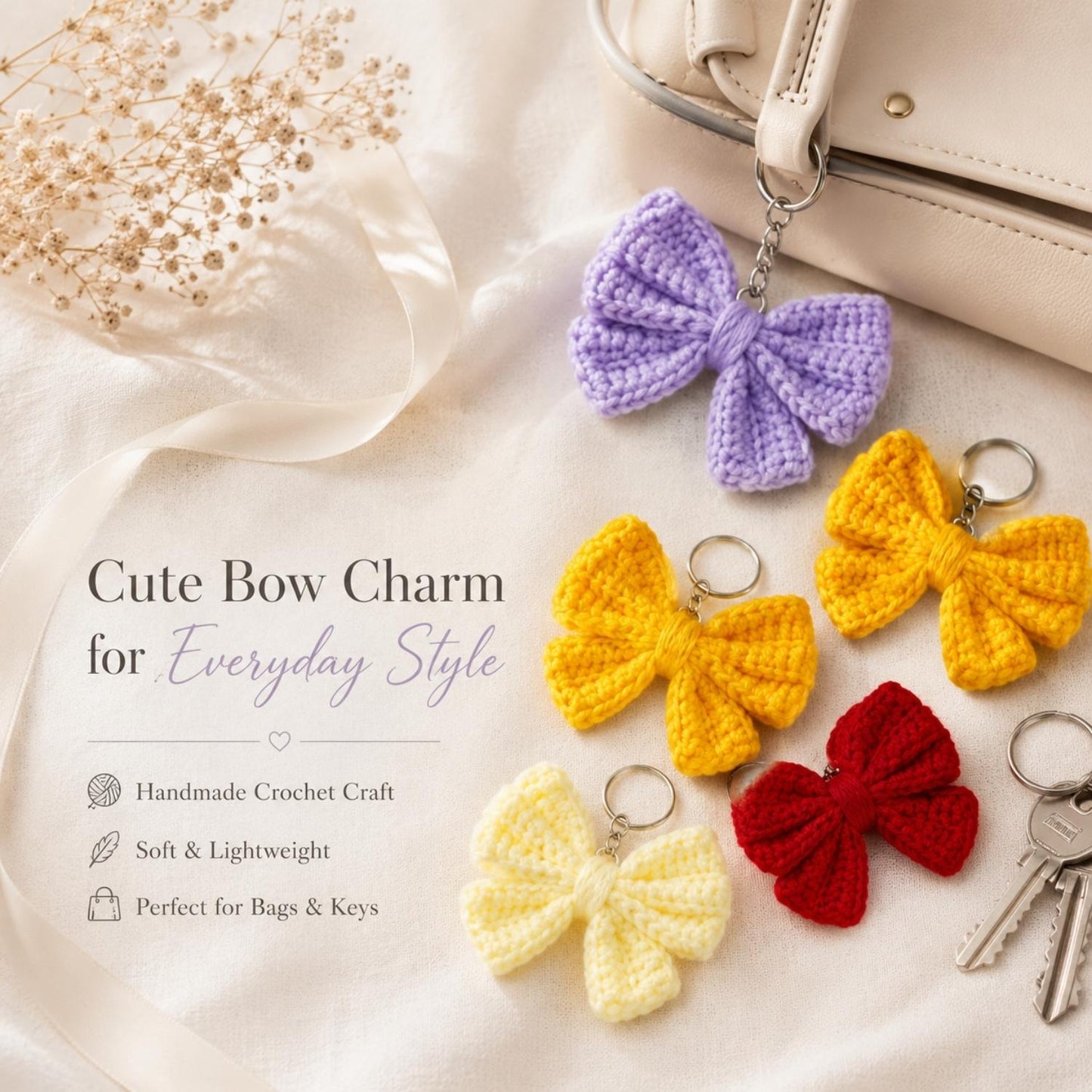 Handmade Crochet Bow Keychain for Bags & Keys | Cute Bow Bag Charm Accessory | Premium Handcrafted Gift by Women Artisans