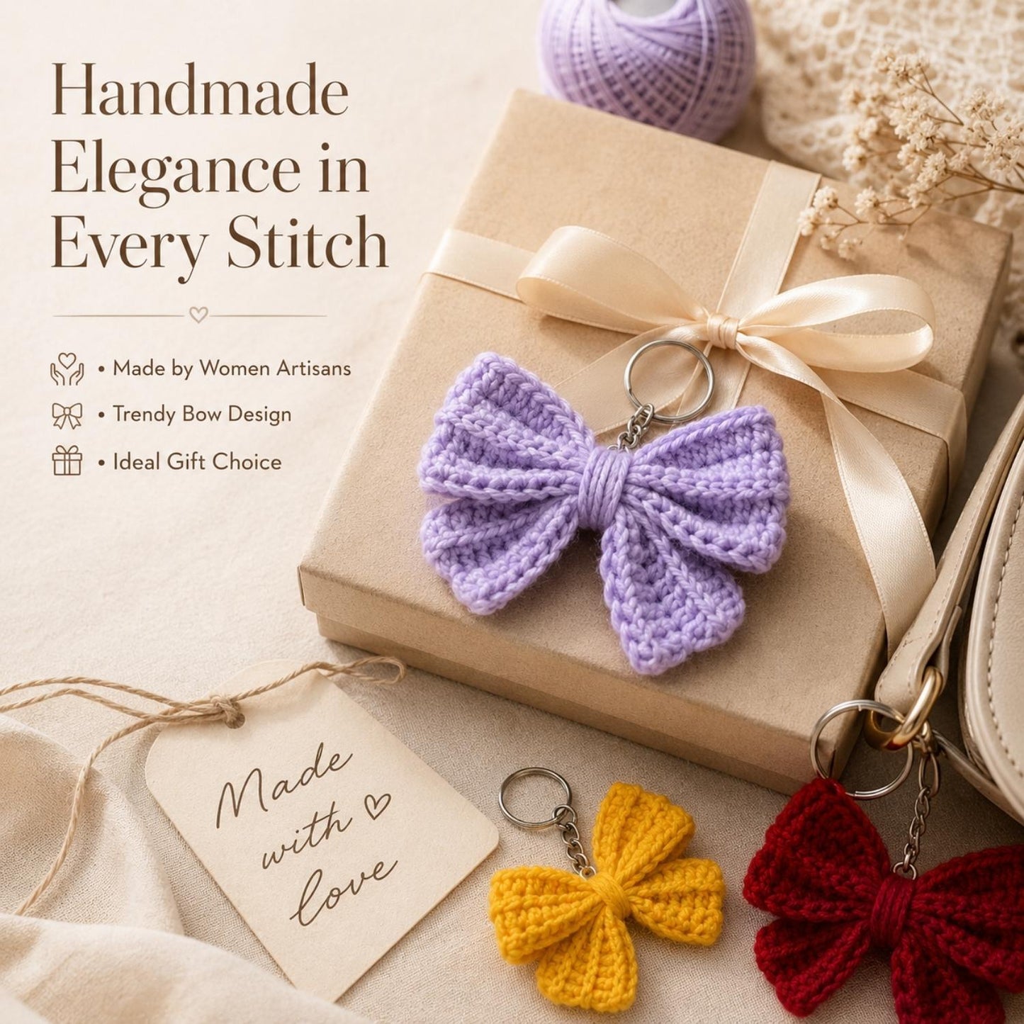 Handmade Crochet Bow Keychain for Bags & Keys | Cute Bow Bag Charm Accessory | Premium Handcrafted Gift by Women Artisans