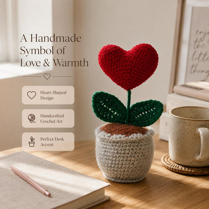 Handmade Crochet Heart Flower Pot for Home & Office Decor | Cute Heart Desk Decoration | Premium Handcrafted Gift by Women Artisans