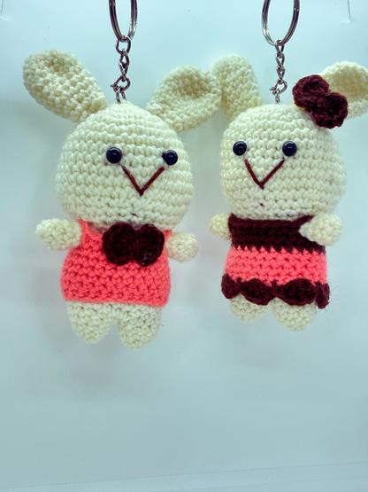 Handmade Crochet Couple Rabbit Keychain for Bags & Keys | Cute Bunny Pair Hanging Charm