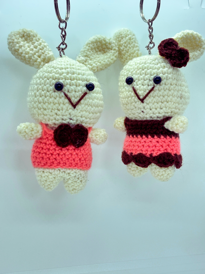 Handmade Crochet Couple Rabbit Keychain for Bags & Keys | Cute Bunny Pair Hanging Charm
