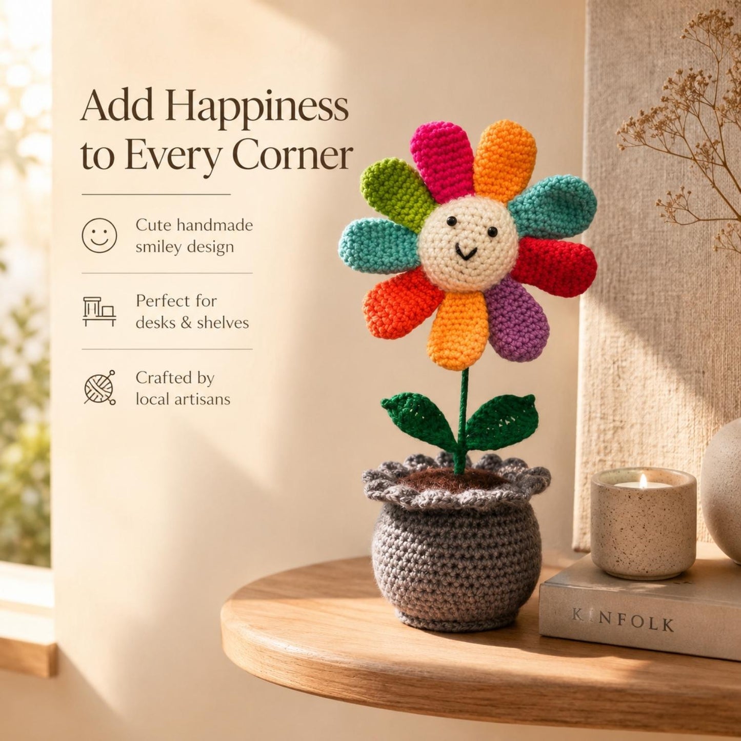 Handmade Smiley Crochet Pot for Home Décor & Gifting | Cute Table Decoration | Soft Finish | Made by Local Women